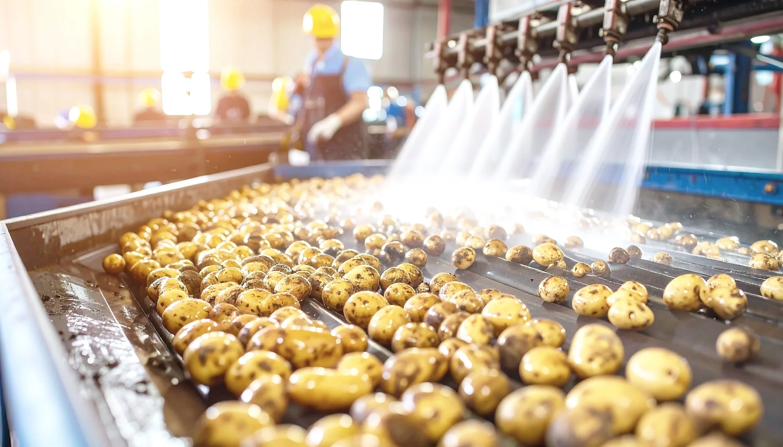 Close-up of a conveyor belt transporting yellow and brown speckled eggs in a factory setting, with workers in safety helmets and vests in the background.