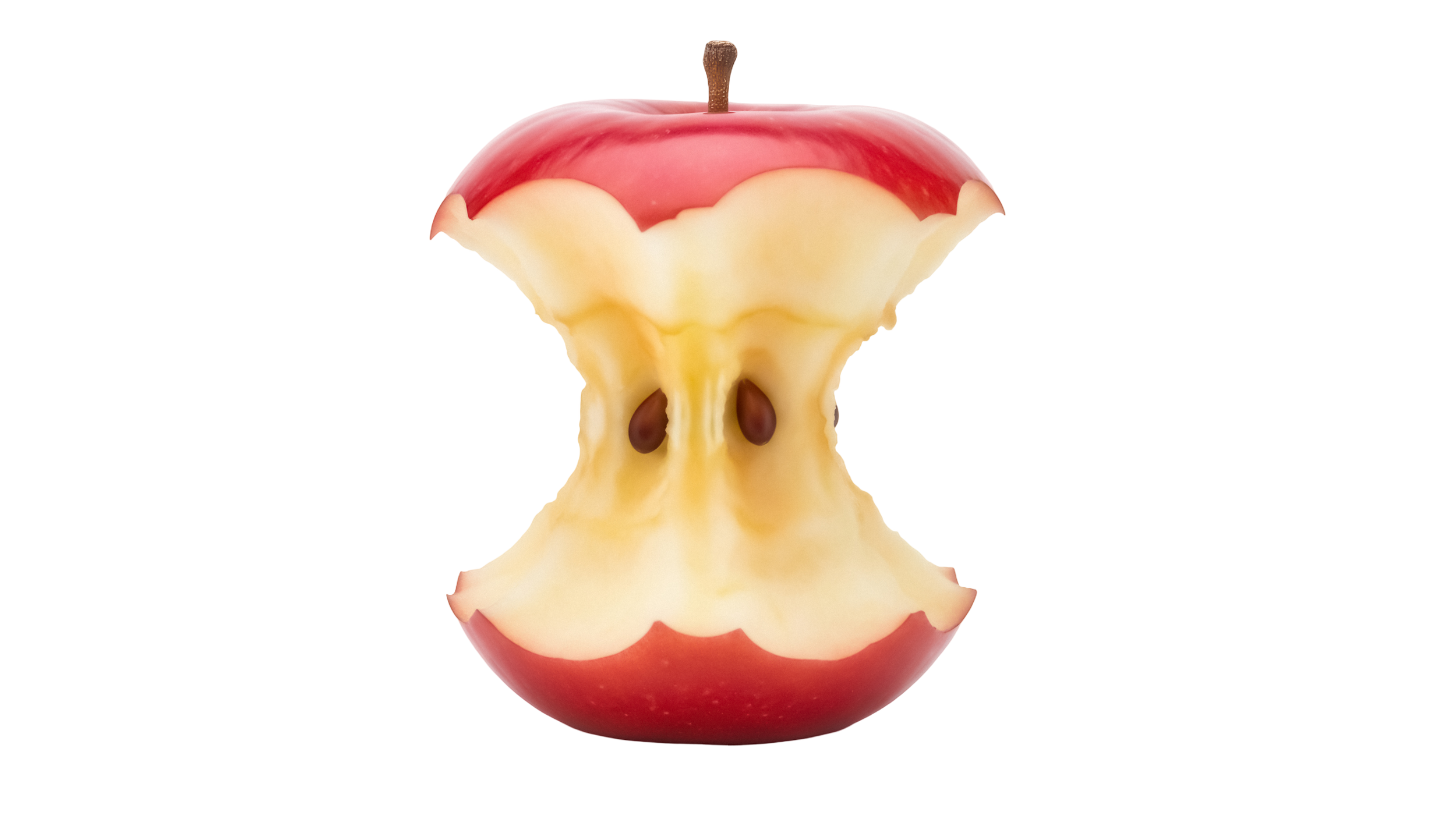 Half of a red apple with the inside and seeds visible, standing upright.