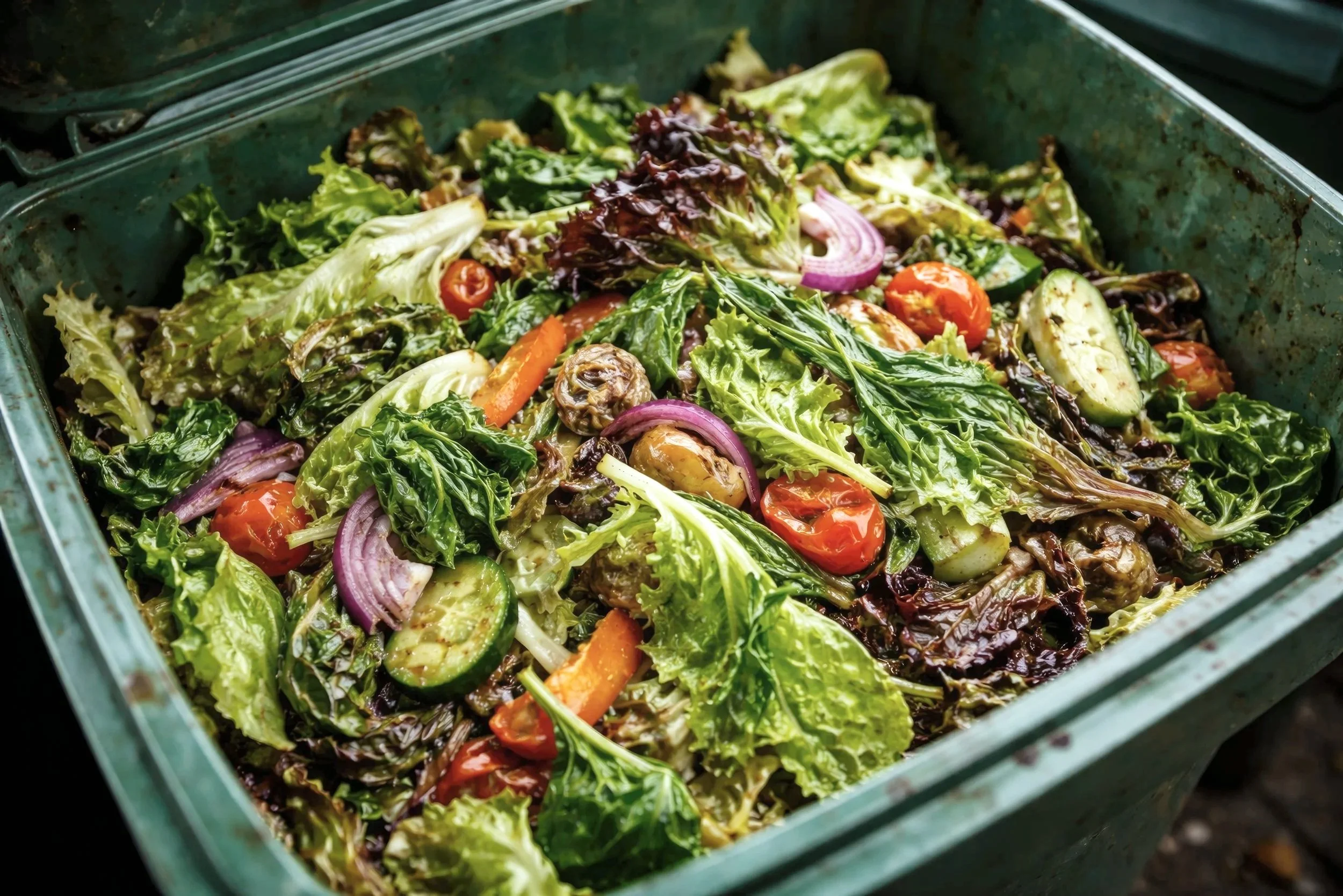 A green metal container filled with mixed salad greens, cherry tomatoes, cucumber slices, red onion, and other vegetables.