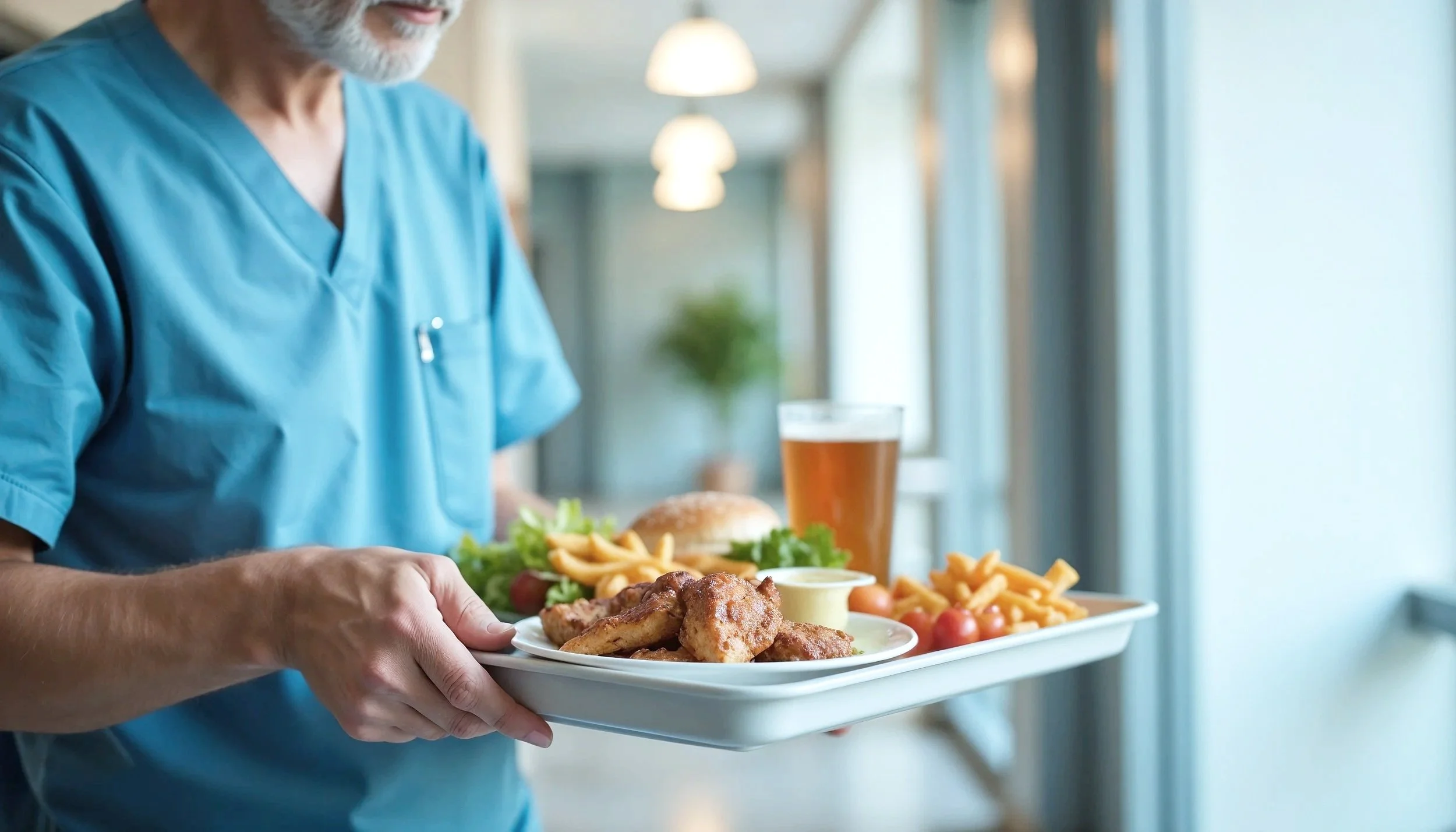Person in blue scrubs holding a plate of fried chicken, with side dishes including French fries, cherry tomatoes, and a small bowl of dipping sauce, in a bright dining area.