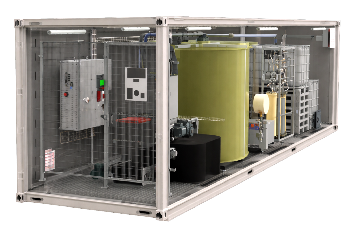 A scientific or industrial container with various equipment inside, including a large yellow tank, pipes, gauges, and control panels.