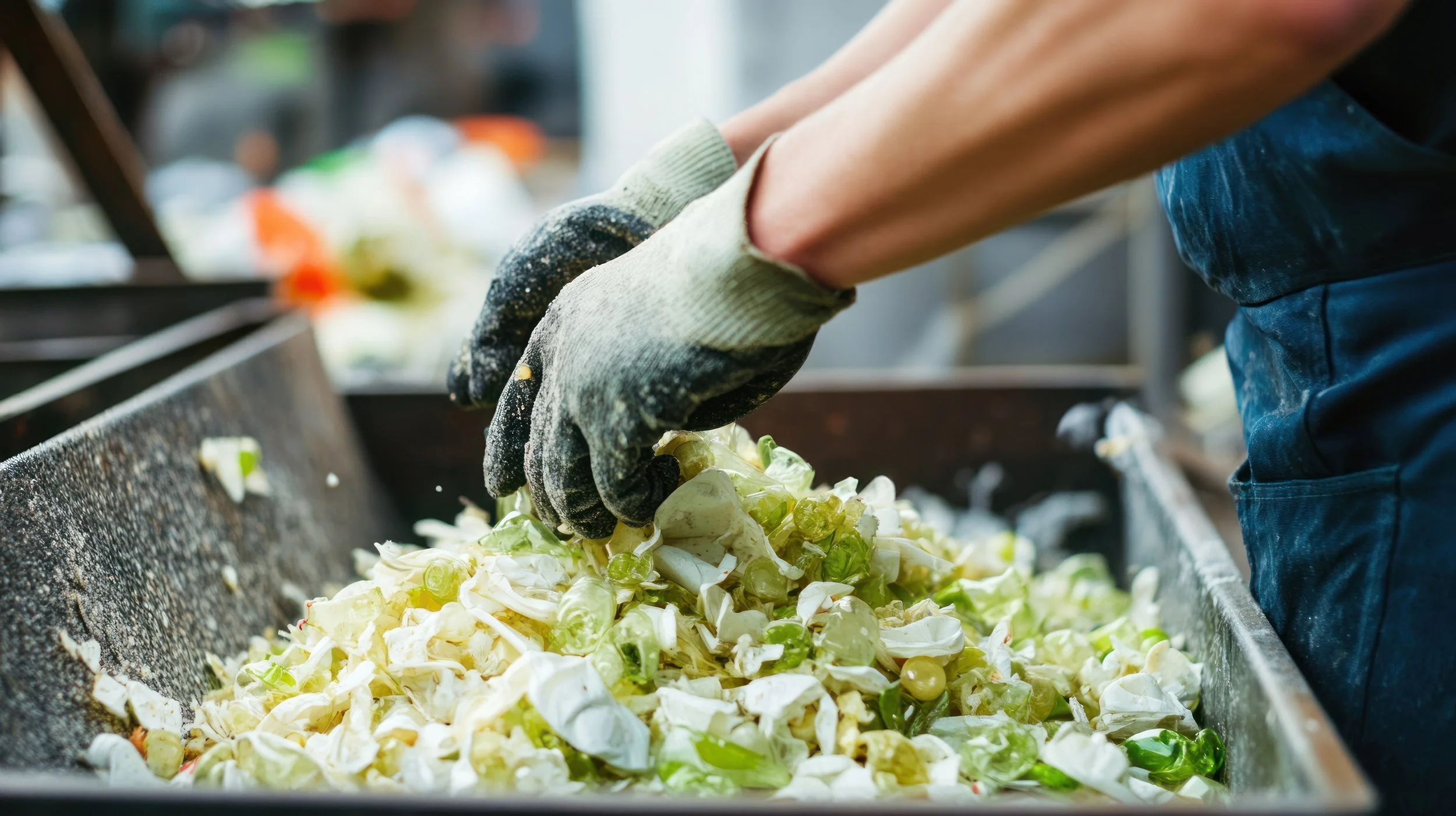 Person wearing gloves mixing chopped vegetables in a large metal container.