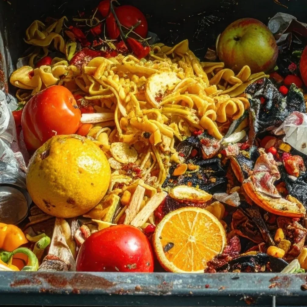 Rotten food including oranges, apples, tomatoes, pasta, and other spoiled produce and leftovers