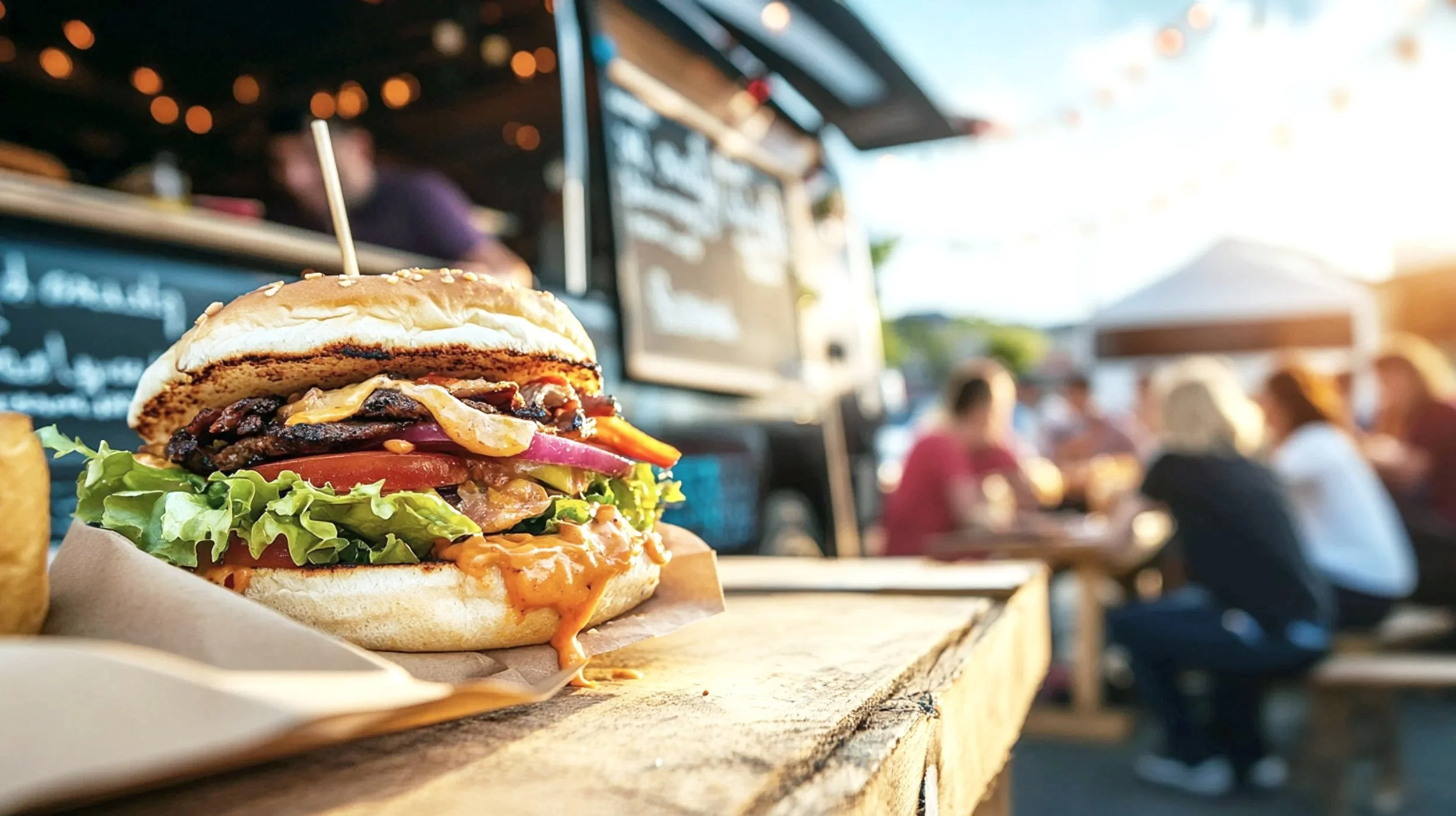 Close-up of a delicious burger with lettuce, tomato, onion, bacon, and cheese on a bun, served on a tray at an outdoor food event with people in the background.