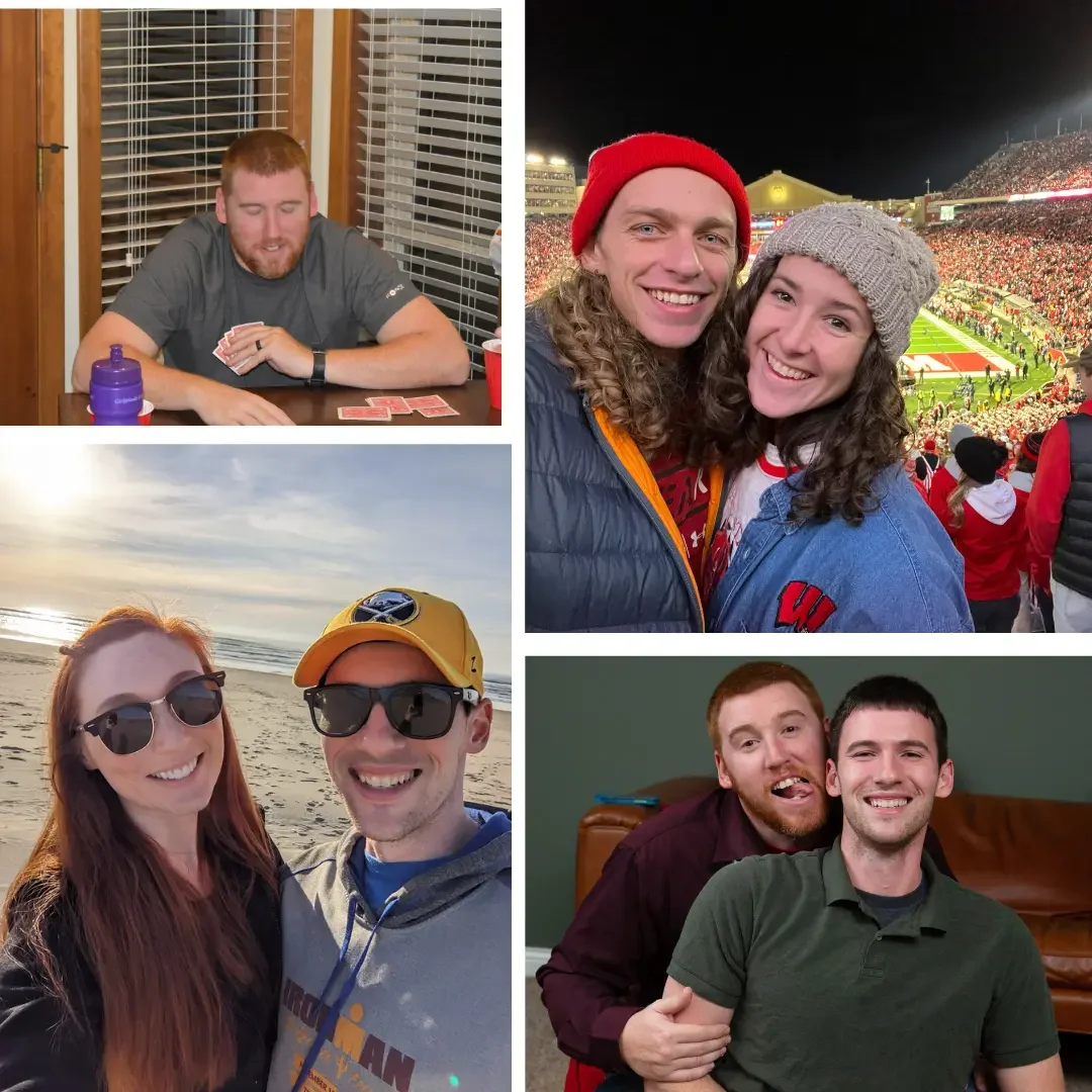 Collage of four photos: man playing cards at home, a couple at a football game, a couple on the beach, and two friends at an indoor gathering.