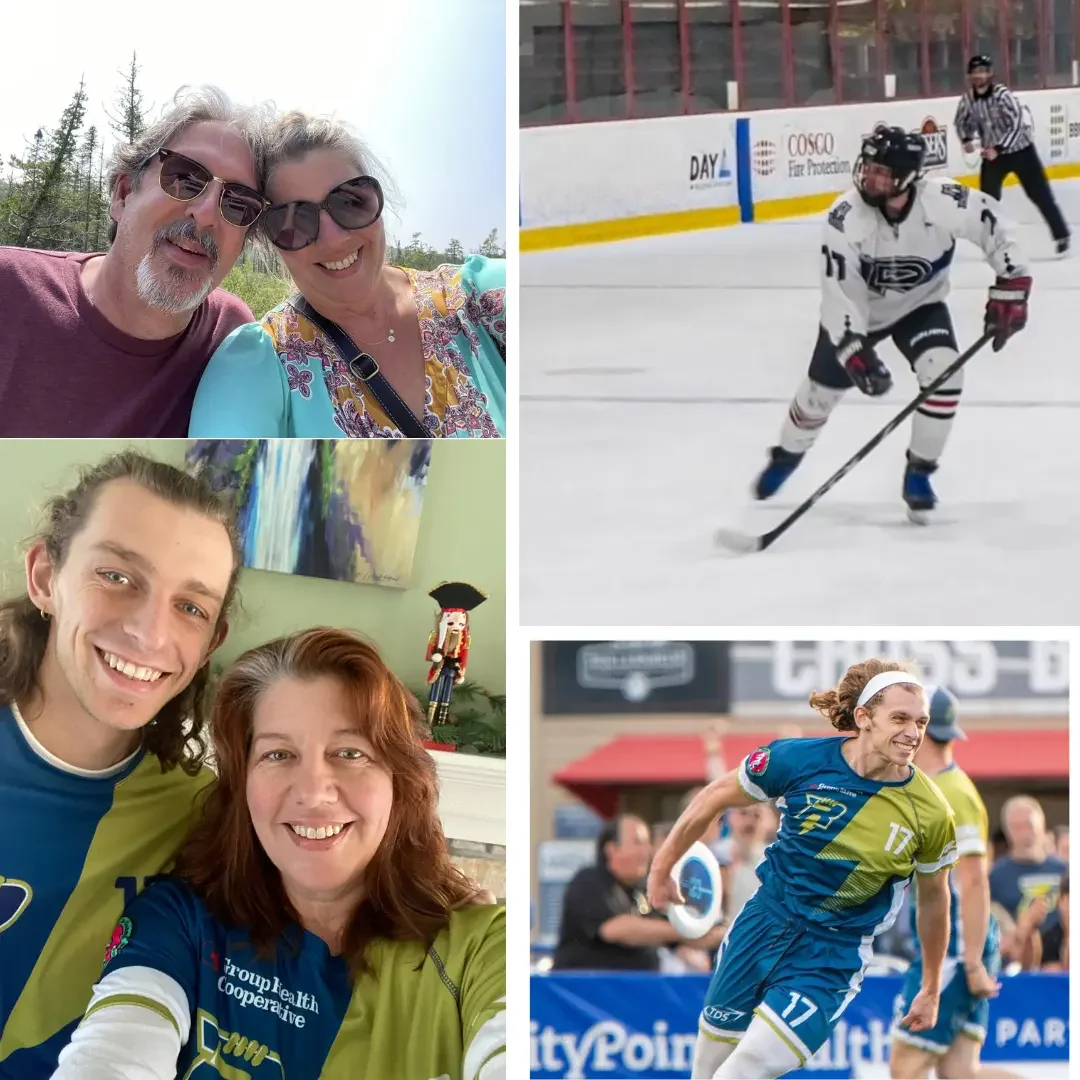 Collage of four images depicting various activities and people. The top left shows a smiling couple outdoors with sunglasses, the bottom left shows two people in sports jerseys indoors, the top right is a hockey player on ice, and the bottom right is a woman in a running jersey celebrating at a track or sports event.