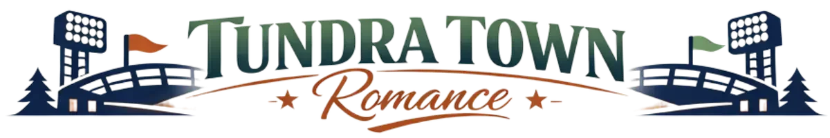 Logo for Tundra Town Romance featuring stylized text and sports stadium imagery with flags and trees.