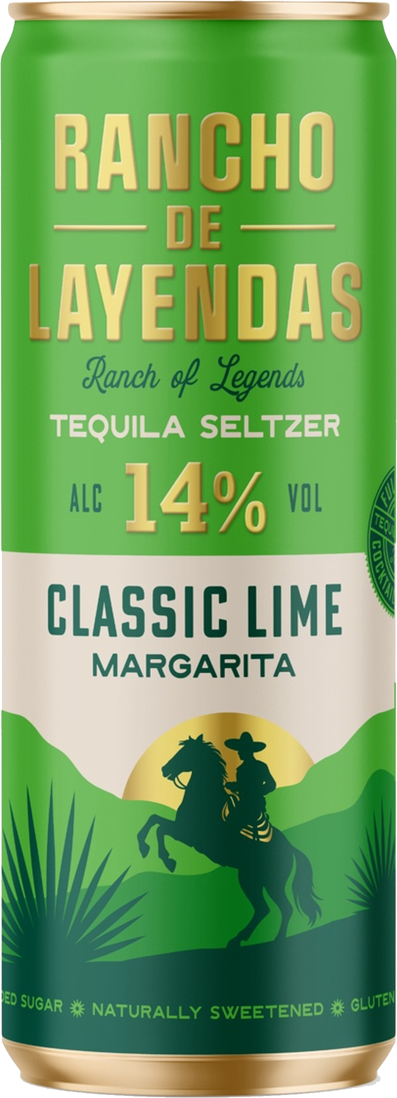 A can of Rancho de Leyendas classic lime margarita tequila seltzer with 14% alcohol by volume, featuring a green label with a silhouette of a cowboy riding a horse against a sunset, and text indicating it is naturally sweetened, gluten-free, and cont