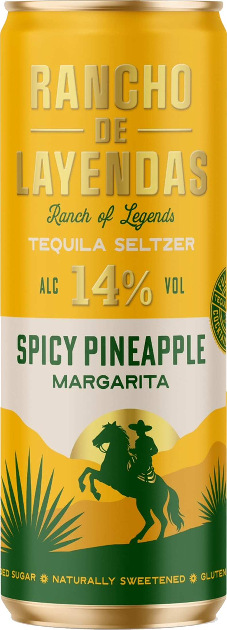 Canned spicy pineapple margarita from Rancho de Leyendas, with 14% alcohol and tequila seltzer, featuring a yellow and green label with a silhouette of a cowboy on a horse and desert scenery.