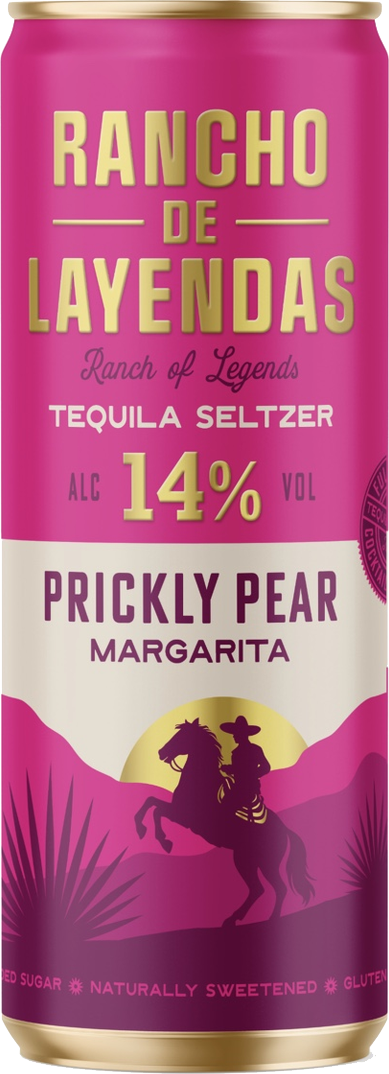 Pink can of Rancho de Leyendas Tequila Seltzer in Prickly Pear Margarita flavor, with a silhouette of a cowboy riding a horse against a sunset, indicating it contains 14% alcohol.
