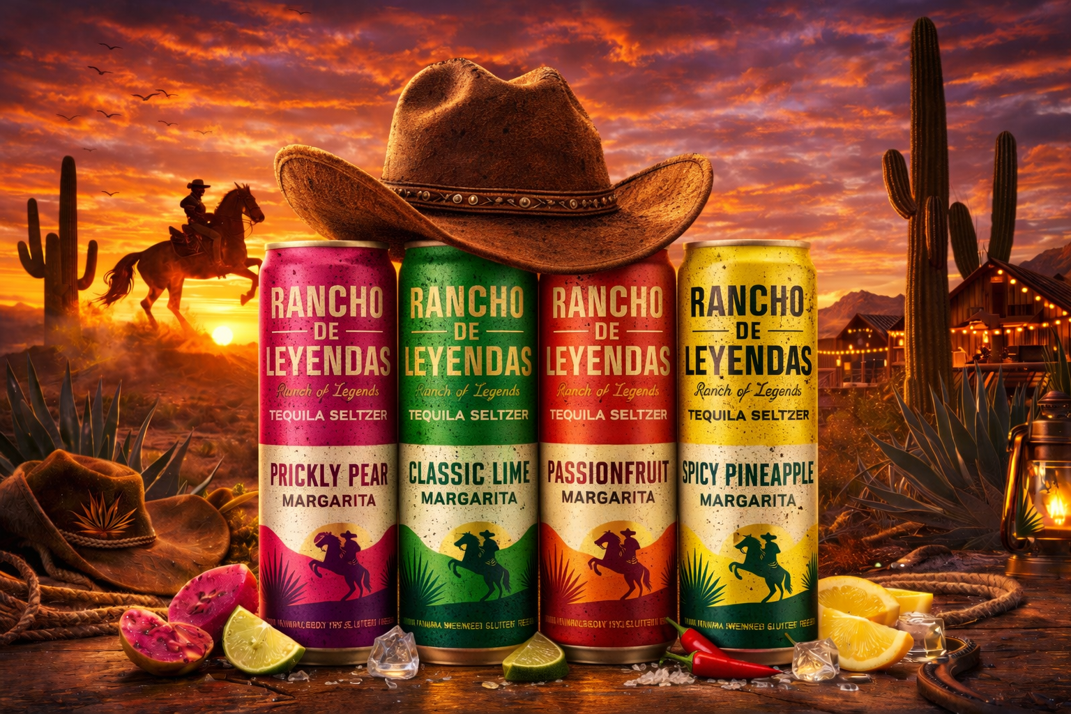 Four cans of Rancho de Leyendas tequila seltzer flavors—Prickly Pear Margarita, Classic Lime Margarita, Passionfruit Margarita, Spicy Pineapple Margarita—arranged outdoors at sunset. The background features a desert scene with cacti, a cowboy on horseback, and a rustic building, all illuminated by warm, sunset lighting.