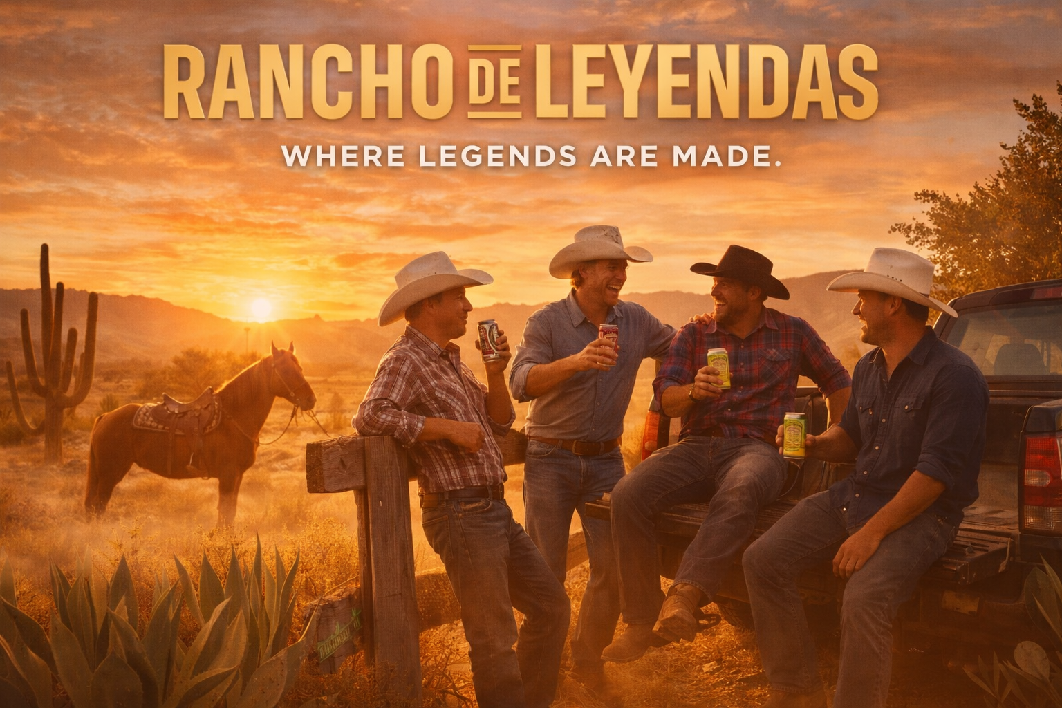 Four men dressed in cowboy hats and jeans enjoying drinks and chatting by the tailgate of a pickup truck during a sunset in a desert landscape with cacti and distant mountains.