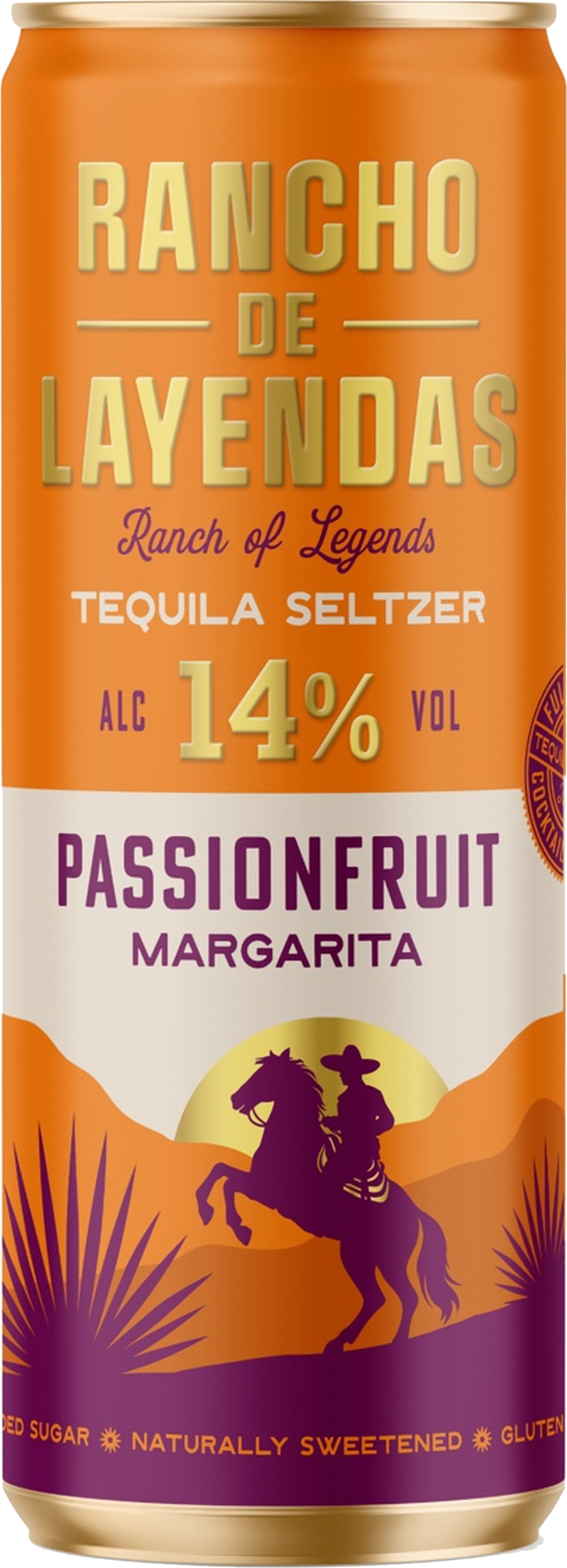 A can of Rancho de Leyendas Passionfruit Margarita tequila seltzer with 14% alcohol, featuring an orange and purple label with a silhouette of a cowboy riding a horse against a sunset, desert plants, and text indicating it is gluten free, naturally s