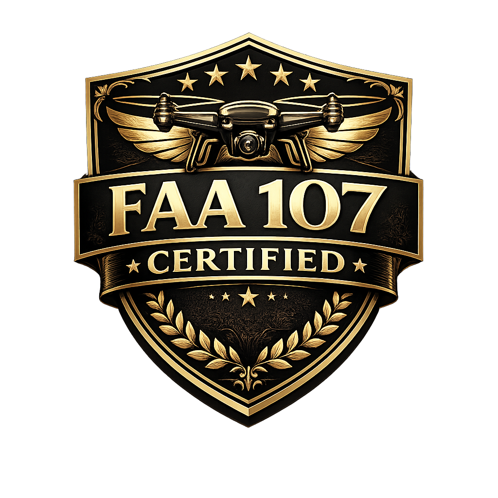 A certification badge with a black and gold shield design, featuring a drone with wings and stars, labeled 'FAA 107 Certified'.