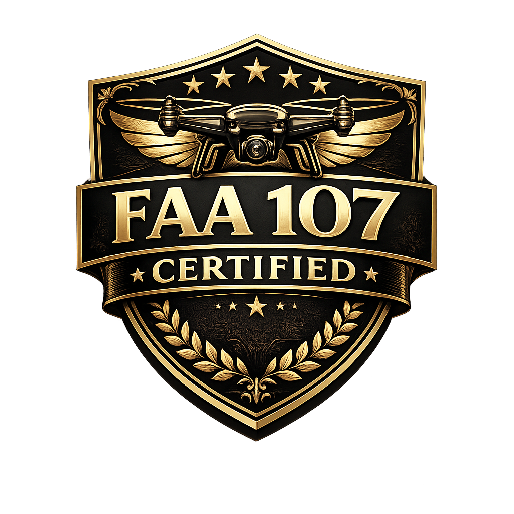A black and gold badge with a drone and wings at the top, stars, and the text "FAA 107 Certified" in the center, surrounded by laurel branches.