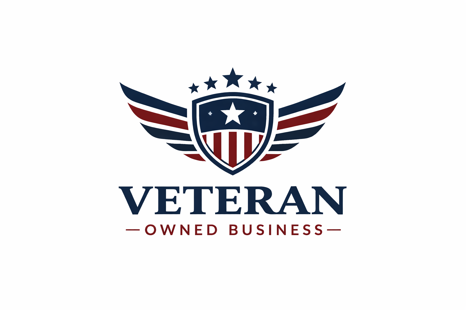 A logo with a shield and wings in red, white, and blue, featuring stars and stripes, with the text 'Veteran Owned Business' below.