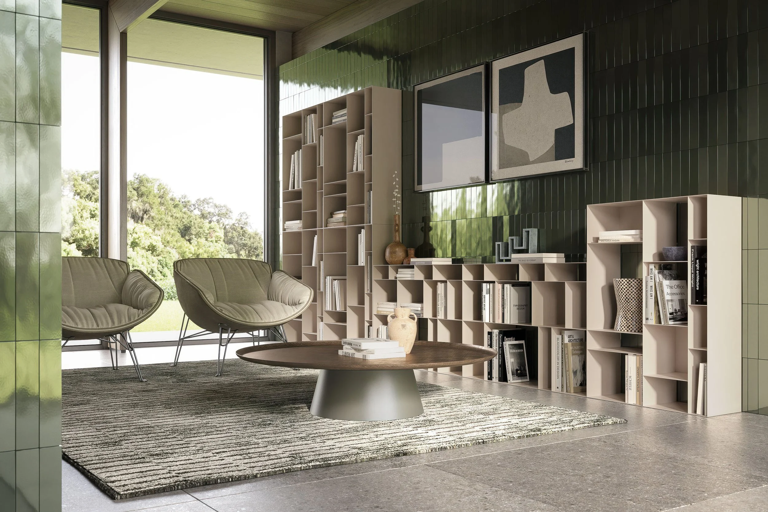 Modern living room with large window, beige chairs, a rectangular coffee table with a vase and books, striped rug, and beige open-shelving units against a tiled green wall with two framed abstract art pieces.