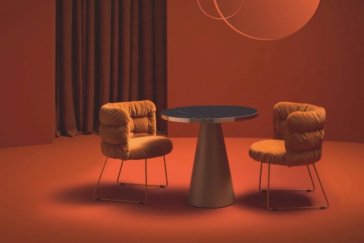 Two beige cushioned chairs with thin metal legs are positioned around a round black table with a standalone base. The background features a wall with dark red curtains and a large circular light fixture.