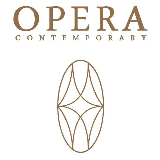 Text saying 'OPERA CONTEMPORARY' above a decorative, abstract oval design with geometric lines.