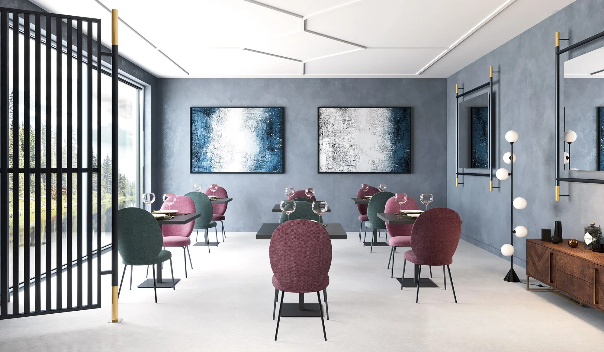 Modern dining room with pink and green chairs, black tables, large window, blue textured wall, abstract artwork, and decorative lighting fixtures.