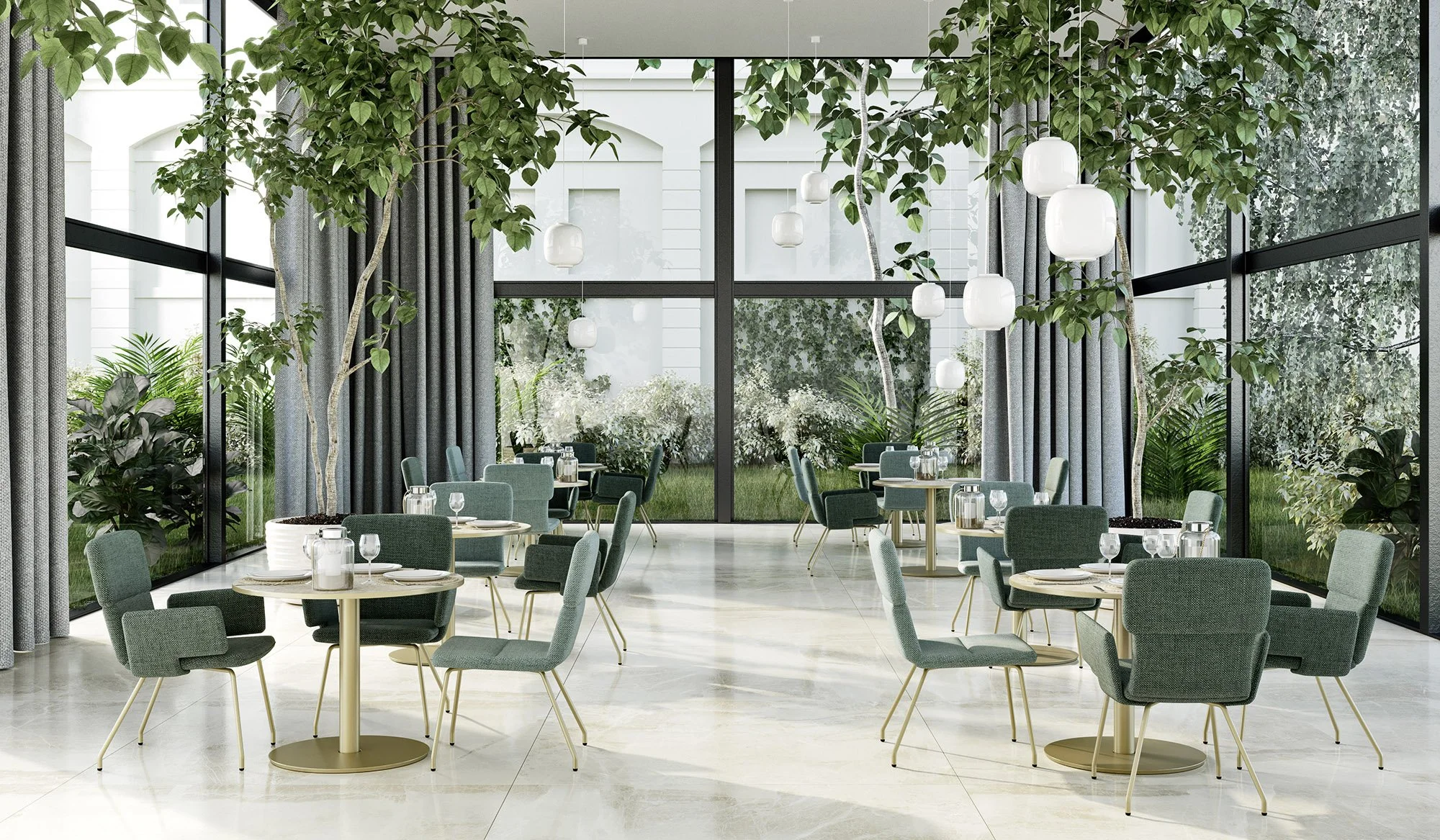 Modern dining area with round tables, green upholstered chairs, large windows, potted indoor plants, and hanging pendant lights.