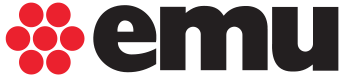 Emu logo with red flower icon and black text