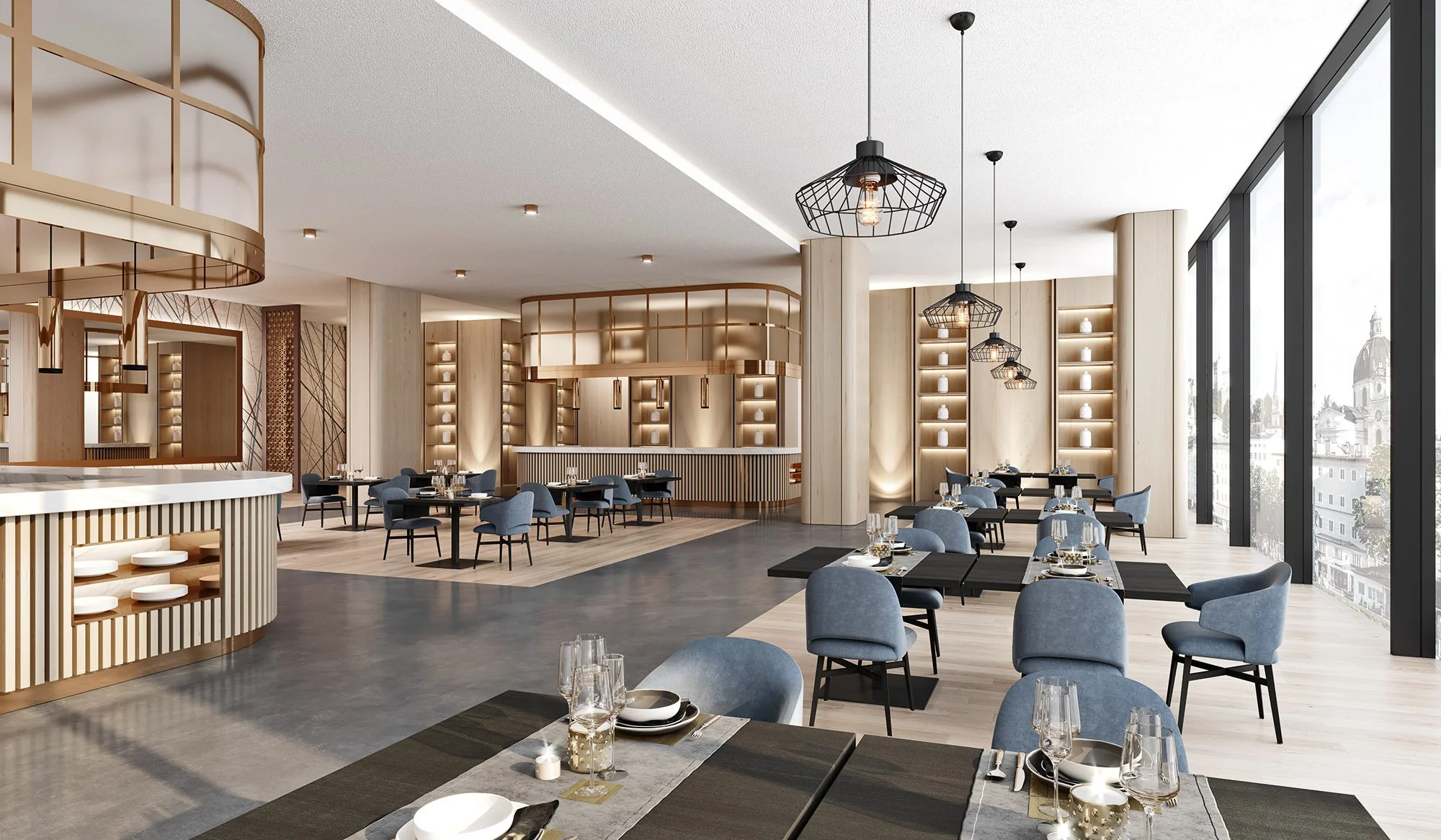 Modern restaurant interior with wooden accents, large windows, and blue dining chairs arranged around black tables set with glassware and plates.