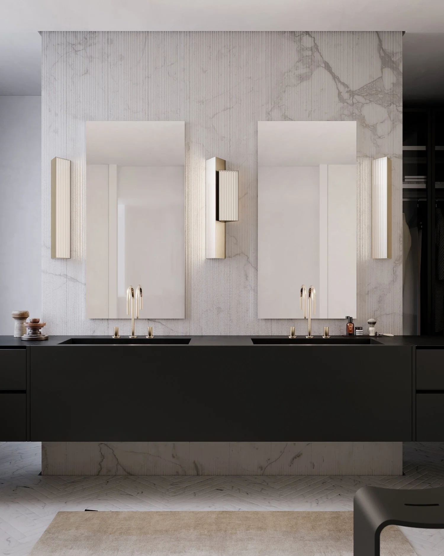 Modern bathroom with two mirrors, black vanity, double sinks, and vertical wall lights