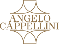 Angelo Cappellini logo with gold text and decorative lines on a black background