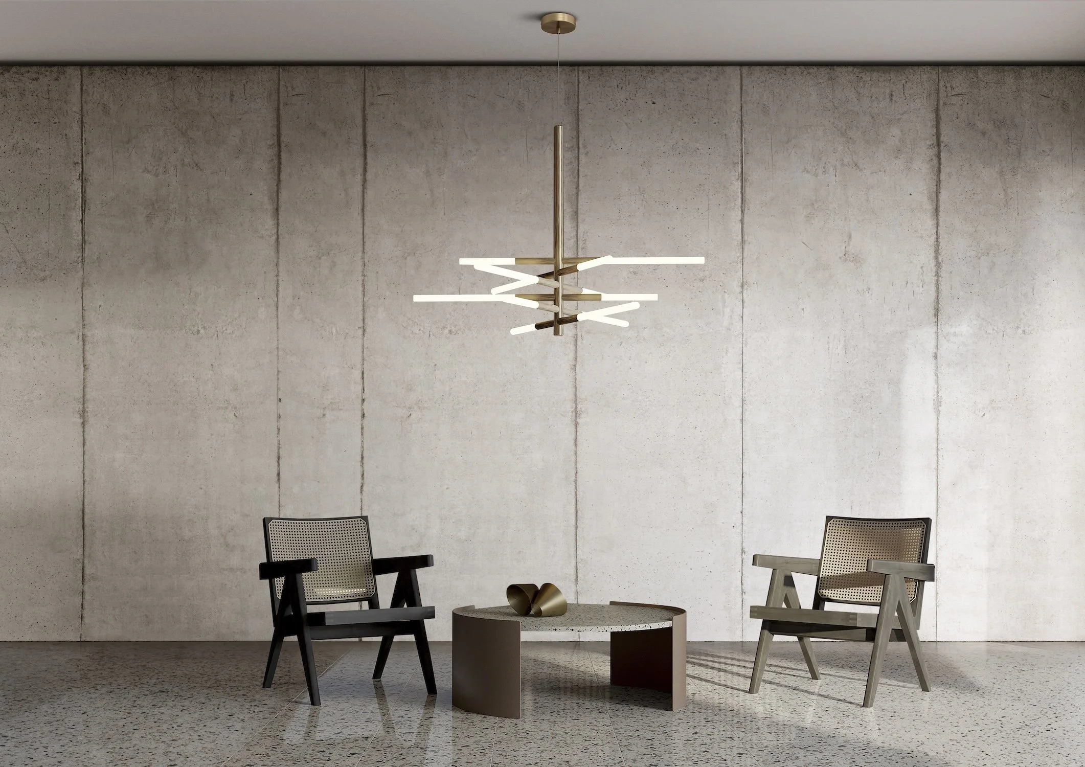 Modern interior with two chairs, a round coffee table, and a geometric chandelier hanging from the ceiling against a concrete wall.