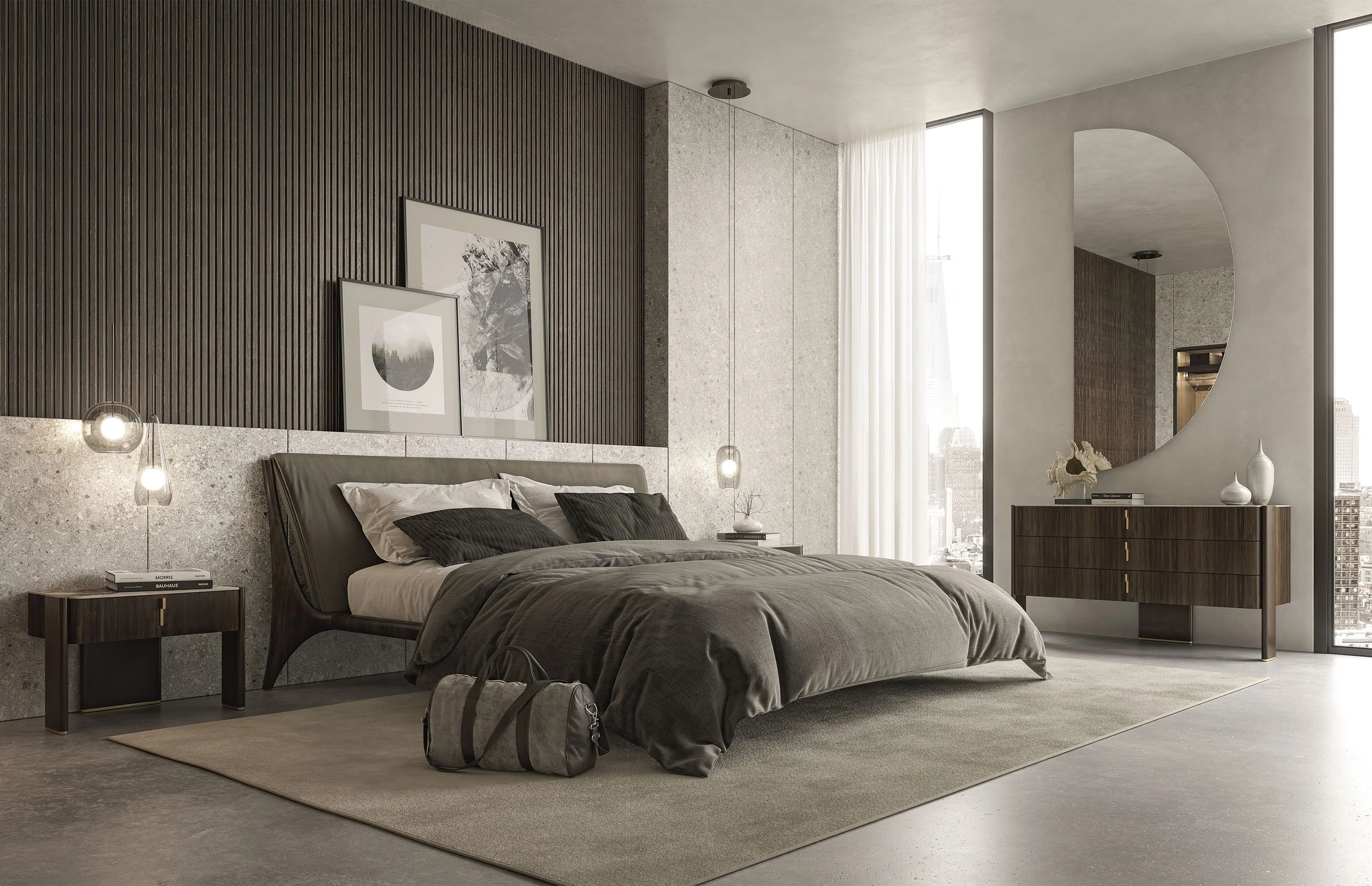 Modern bedroom with gray and brown tones, large window with city view, art frames, bedside tables, and a dresser with decorative vases.