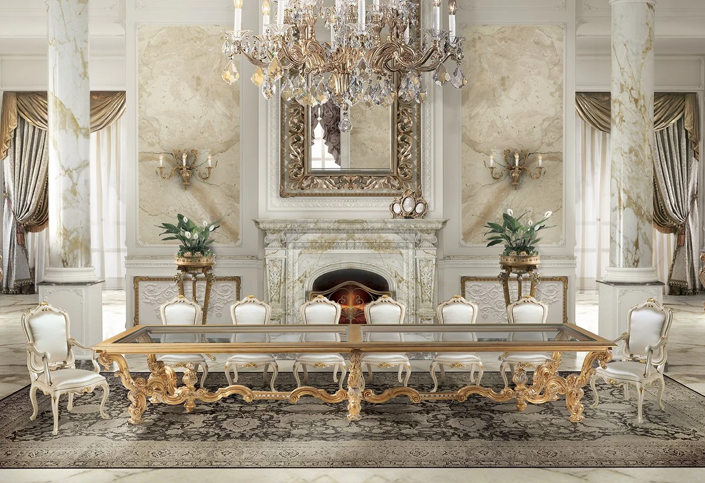 Luxurious living room with ornate white and gold furniture, a marble fireplace, large mirror, chandelier, and elegant curtains.