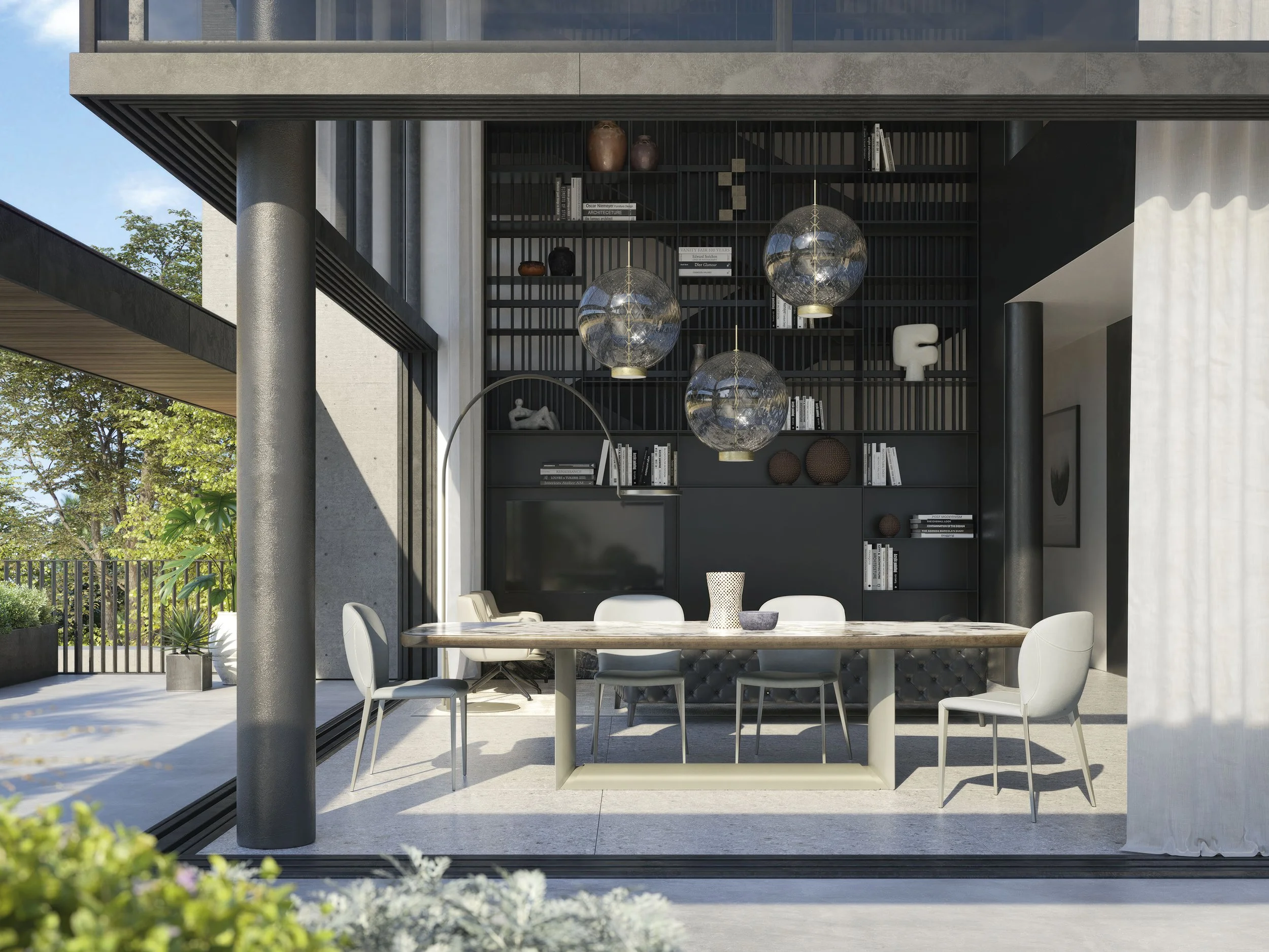 Modern interior dining room with large windows, a wooden table, six white chairs, and a black built-in bookshelf with decorative items and books, illuminated by hanging globe pendant lights.