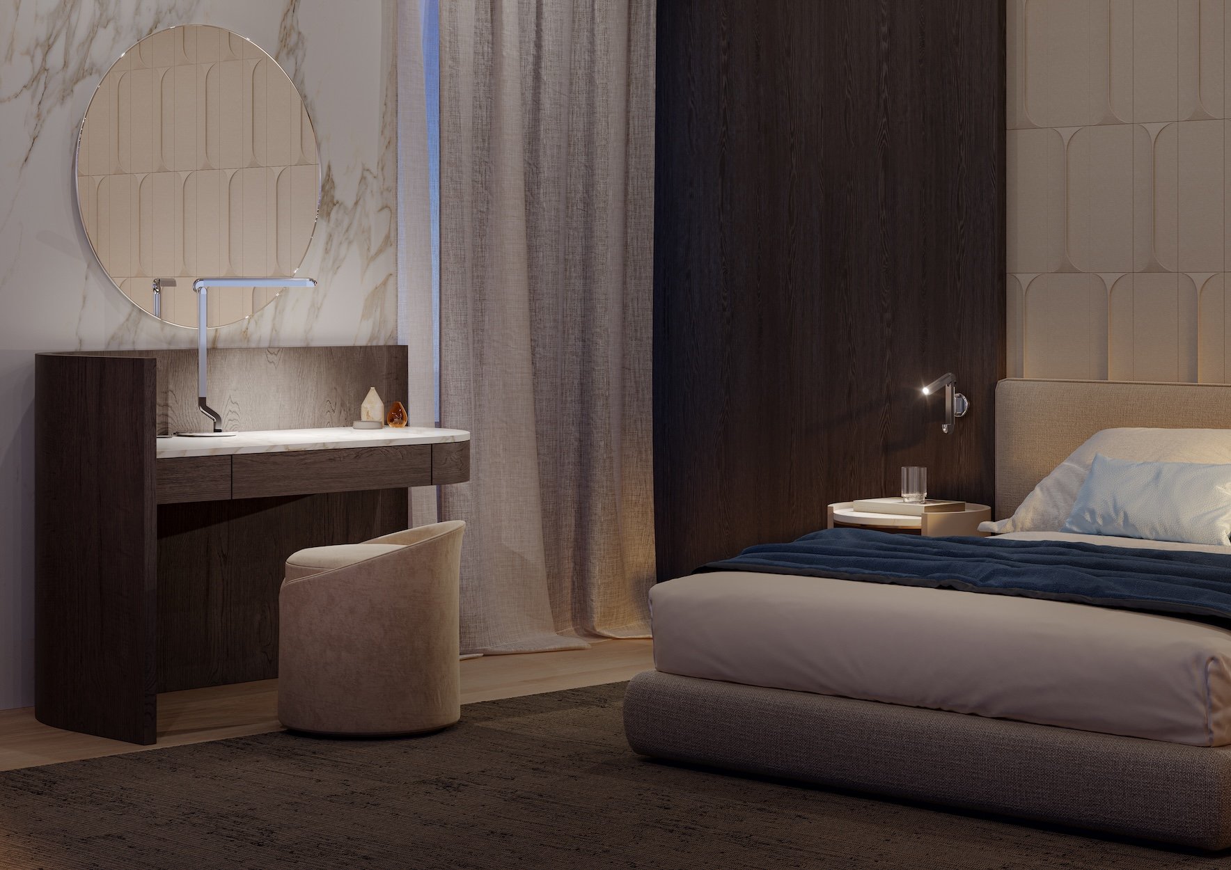 Modern bedroom featuring a bed with upholstered headboard, a nightstand with a glass of water, a wall-mounted reading lamp, a wooden vanity with a mirror and swivel chair, beige curtains, and a textured rug.