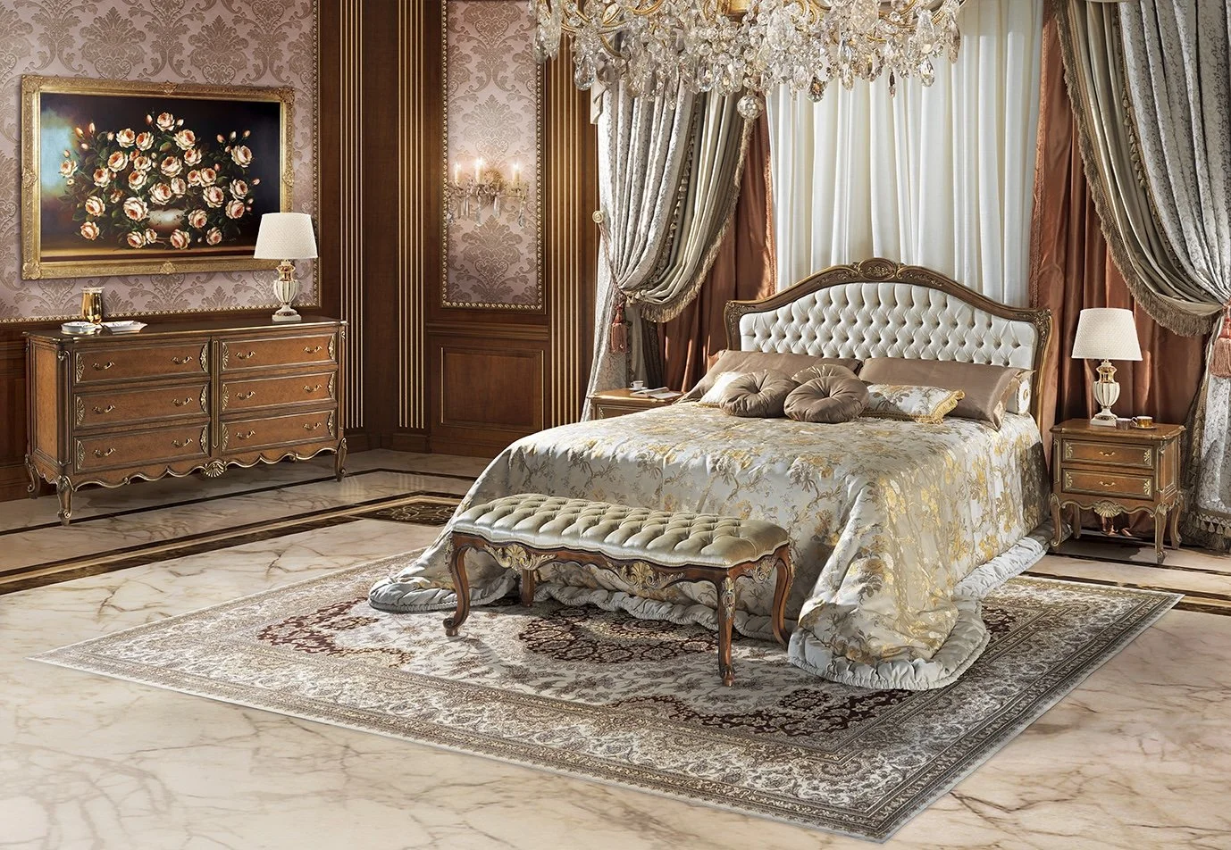 Luxurious bedroom with ornate furniture, chandelier, and elegant drapes.