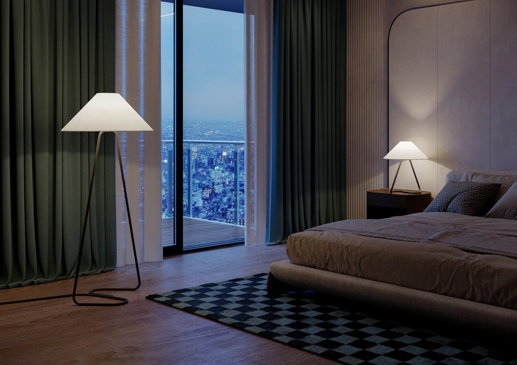 A modern bedroom with a large glass sliding door leading to a balcony, nighttime city view, bed with dark bedding, two bedside tables with lamps, green curtains, and a checkered rug on wooden floor.