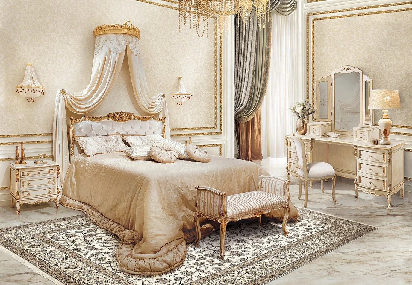 Luxurious bedroom decorated in French rococo style with cream and gold accents, ornate furniture, and elegant drapery.