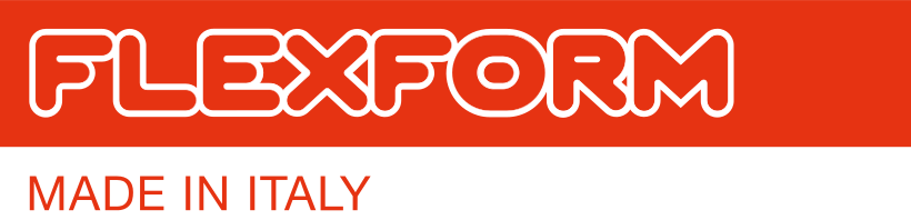 Flexform logo with red background, white text, and black banner, and 'Made in Italy' in red.
