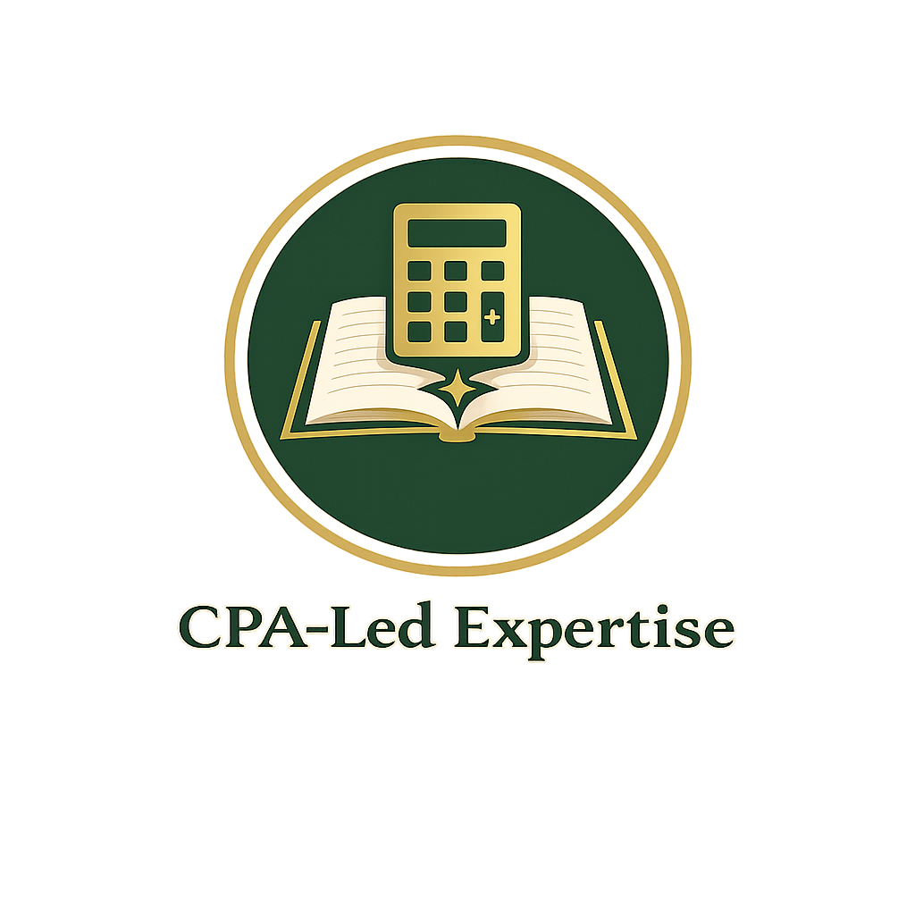 Logo with a calculator and an open book inside a green circle, with the text "CPA-Led Expertise" below.