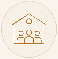 Line drawing of a house with four windows and three doors inside a circular border