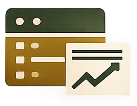 Graphic of a computer monitor and a chart showing an upward trend