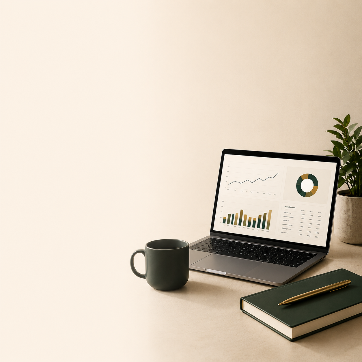 A workspace with a laptop displaying financial charts, a green coffee mug, a closed green notebook with a gold pen on top, and a potted plant, on a beige desk.