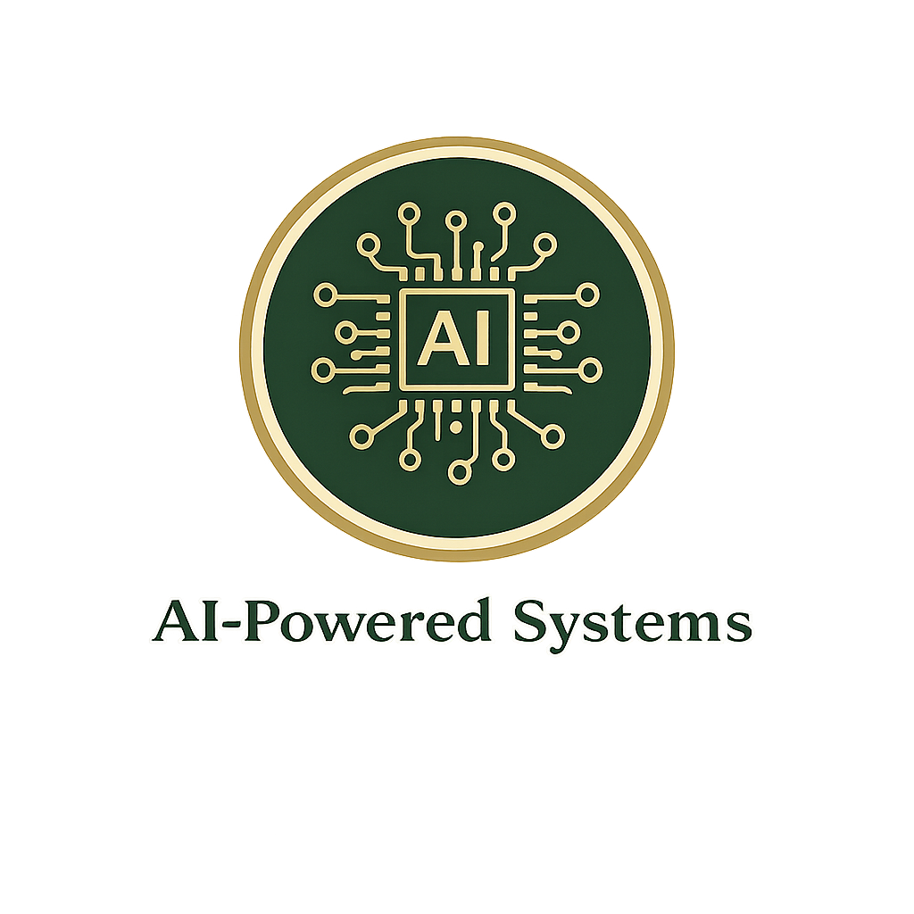 Logo with a circular green background and a circuit pattern, with the text 'AI' in the center, and the words 'AI-Powered Systems' below.