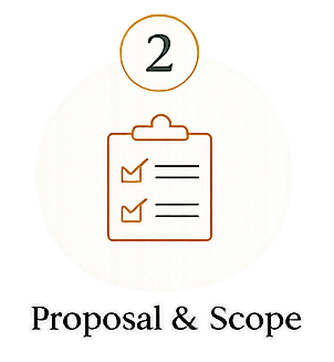 Number 2 icon with checklist on a clipboard and the text 'Proposal & Scope' beneath it.