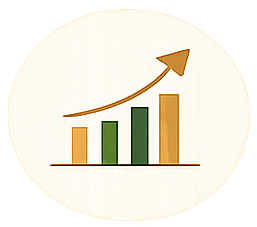 A bar chart with ascending green and gold bars and an upward trending arrow.
