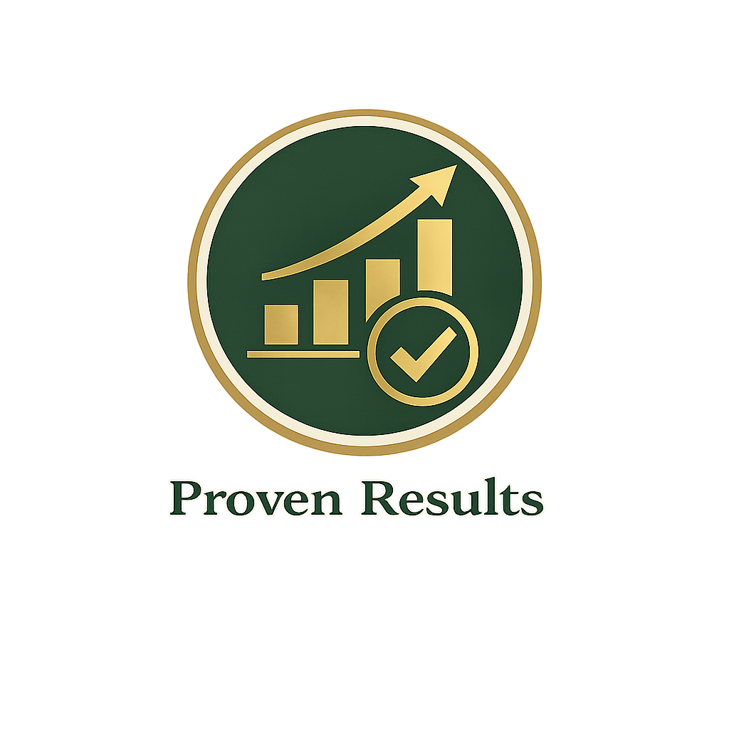 A logo with a green circle that contains a gold upward trending bar chart, a gold check mark inside a circle, and a gold arrow. Below the logo, the text reads "Proven Results" in dark green.