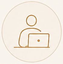 Minimalist line drawing of a person sitting at a desk working on a laptop.