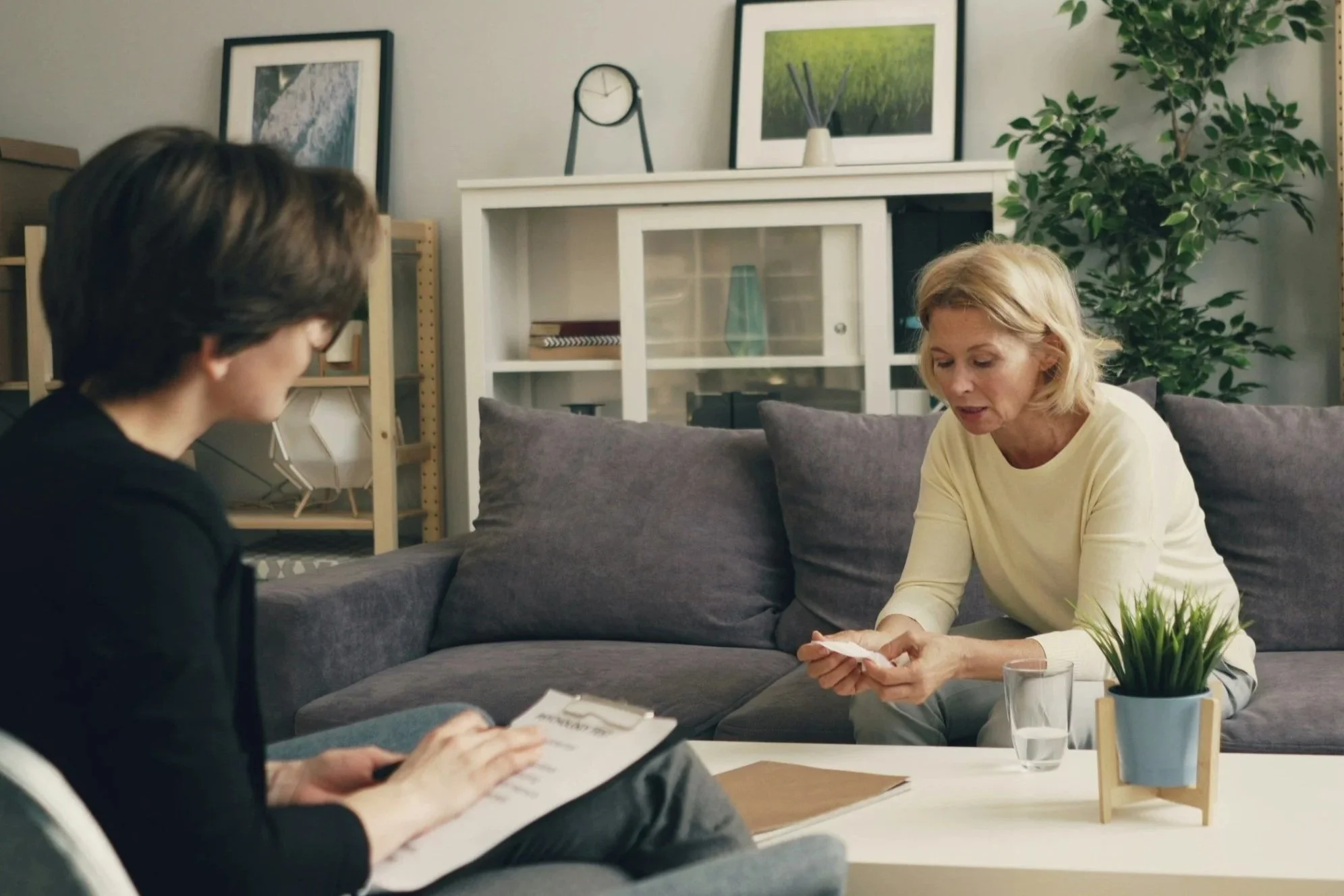 Two women having a conversation in a living room. One woman with blond hair looks at a piece of paper, while the other woman with short dark hair holds a notebook. The room has a gray sofa, a white cabinet with glass doors, framed pictures, a clock, and a tall green plant.