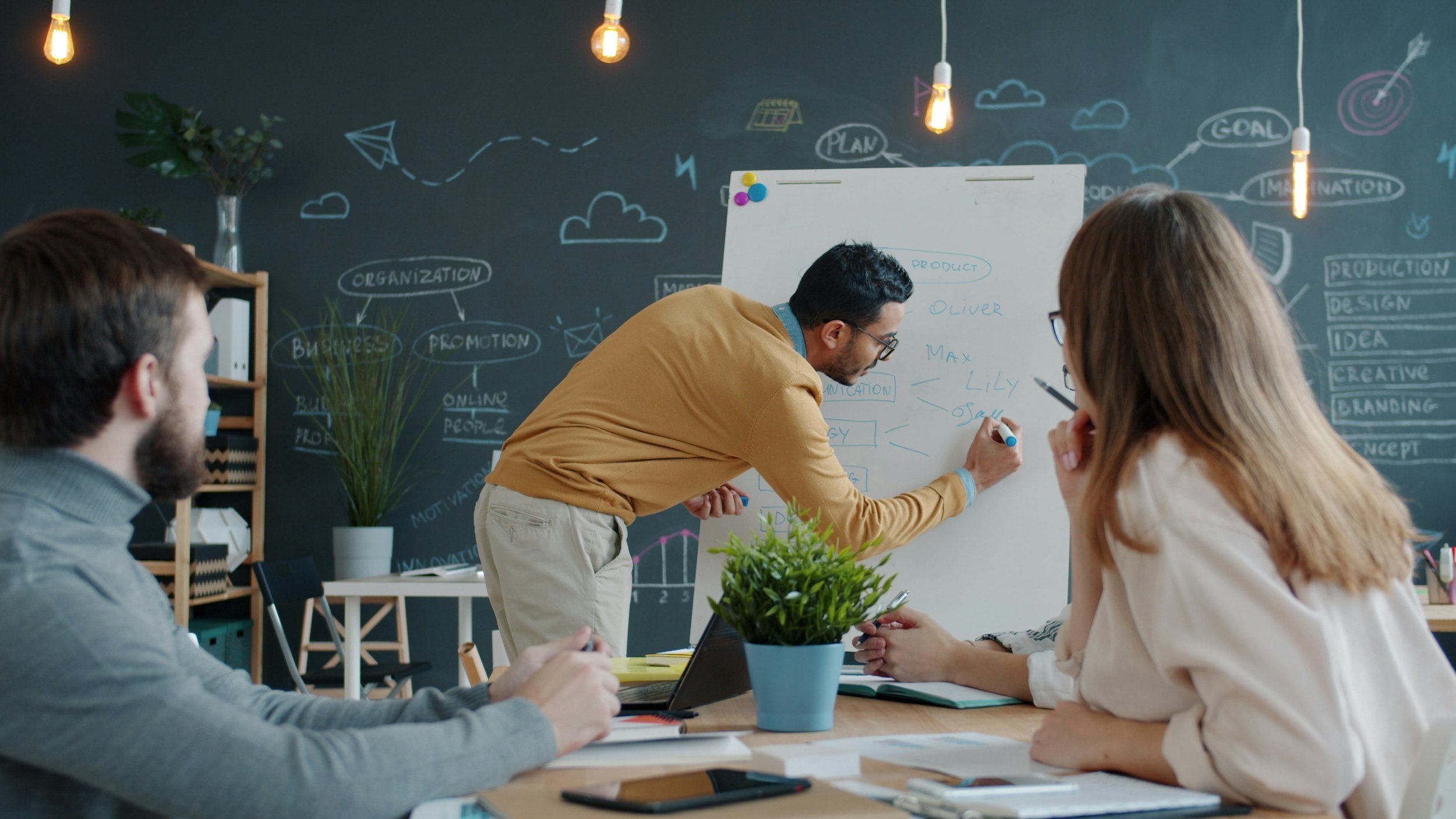 A group of three people in a meeting room. One man is standing and writing on a whiteboard, while two women and one man are seated, watching him. The room has a dark wall with handwritten diagrams and words related to organization, promotion, and planning. There are hanging light bulbs and a potted plant on the table.