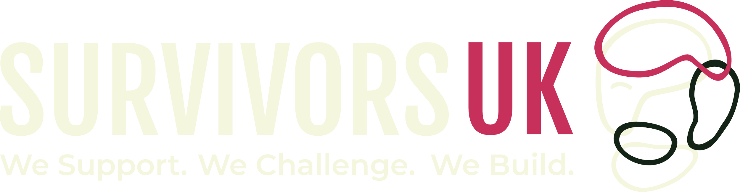 Graphic with the words 'Survivors UK' and 'We Support. We Change. We Build.' along with a puzzle piece outline and a wire-like shape.